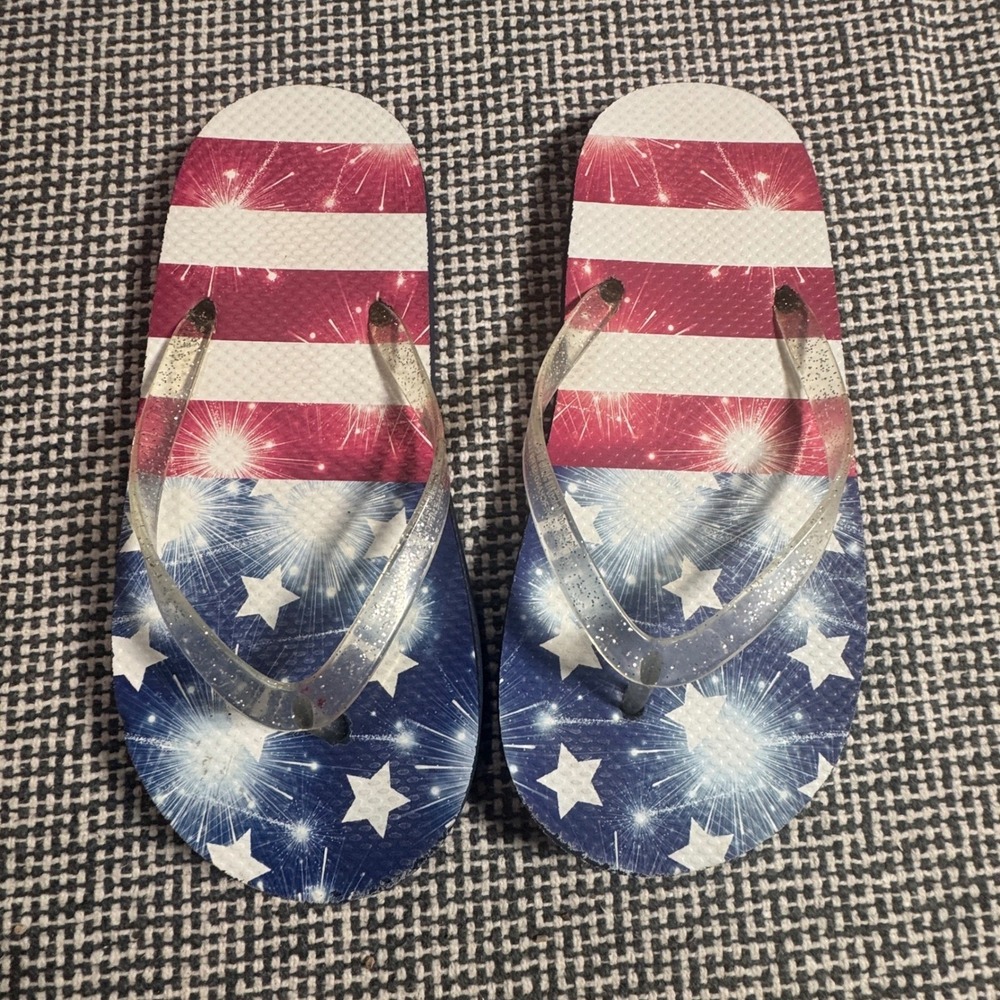 Kids Patriotic Stars and Stripes Fireworks Flip Flops Clear Glitter Strap 3/4